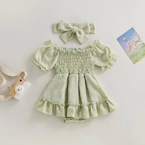 Miniatura 3 de Mameluco para bebés y niñas de 3, 6, 9, 12, 18 meses, enterizo de manga corta, fruncido, faldas y dobladillo, diadema