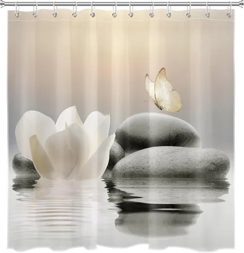 Miniatura 3 de HVEST Cortina de ducha Zen floral para baño, cortina de ducha de piedra zen y flor blanca, mariposa amarilla con ganchos, cortinas de baño modernas