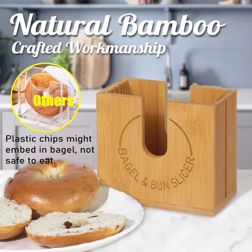 Miniatura 4 de Soporte grande ajustable para cortar bagel Soporte de corte de bagel de bambú con ranuras ajustables de ancho para bagels pequeños y grandes
