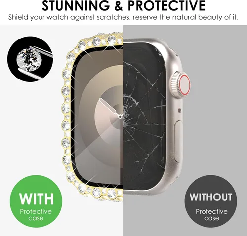 Miniatura 4 de NewWays Funda impermeable 2 en 1 de 1.772 pulgadas para Apple Watch Series 9, 8, 7, encaje completo con diamantes de imitación y purpurina para Oro