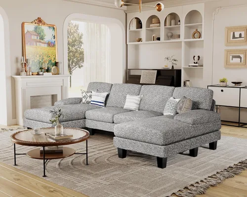 Miniatura 10 de Furmax - Sofás seccionales para sala de estar, sofá en forma de U con tela de lino, juego de sofá de 4 plazas con doble chaise para apartamento Beige