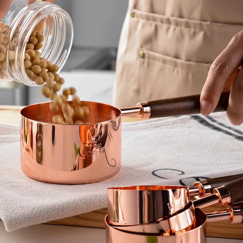 Miniatura 6 de JASHII Juego de 8 tazas y cucharas medidoras de oro rosa con mango de madera de acacia, herramientas de cocina de acero inoxidable para cocinar