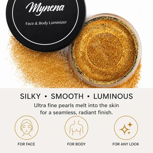 Miniatura 7 de Mynena - Resaltador de polvo suelto dorado cálido Brillo facial y corporal para construir Maquillaje ligero y radiante para aplicación húmeda