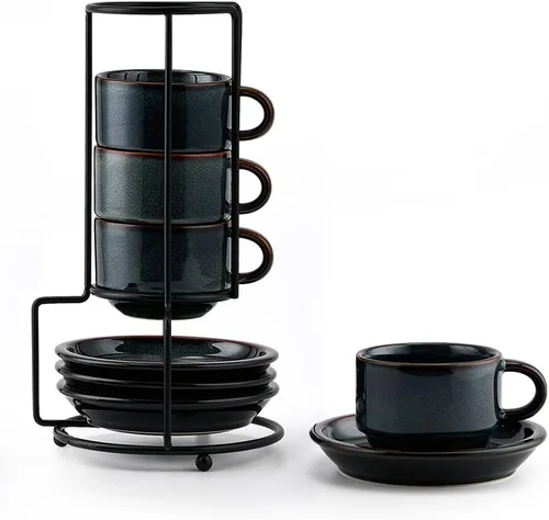 JIEMEI HOME - Tazas apilables de porcelana para espresso con platillos y soporte de metal, tazas Demitasse de 4 onzas para bebidas de café