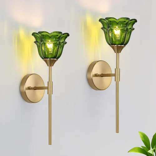 Miniatura 12 de Paquete de 2 apliques de pared dorados con modernas pantallas de vidrio ámbar, accesorios modernos de luz de pared de tocador de baño de mediados