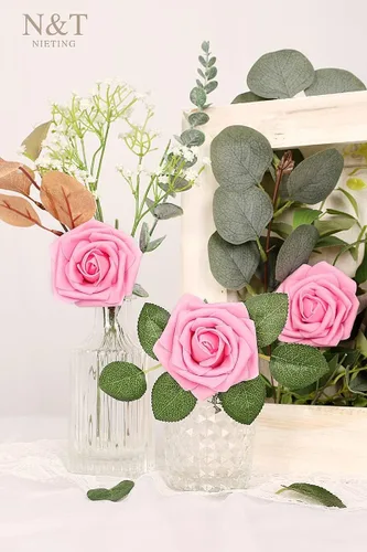 Miniatura 117 de N&T NIETING Flores artificiales, rosas artificiales de color rosa intenso, 50 piezas de flores falsas con tallo para ramos de boda DIY, centros