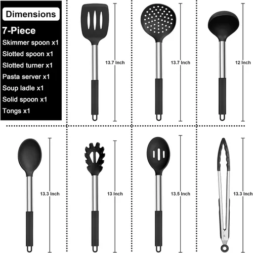 Miniatura 2 de E-far Juego de utensilios de cocina de silicona, 7 piezas de utensilios de cocina resistentes al calor con mango de acero inoxidable, espátula