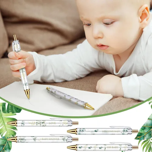 Miniatura 4 de Chuangdi 24 Piezas Bolígrafos de Punta de Bola con Diseño de Hoja para Baby Shower Favores a Granel Bolígrafo Retráctil Tinta Negra con Regalos
