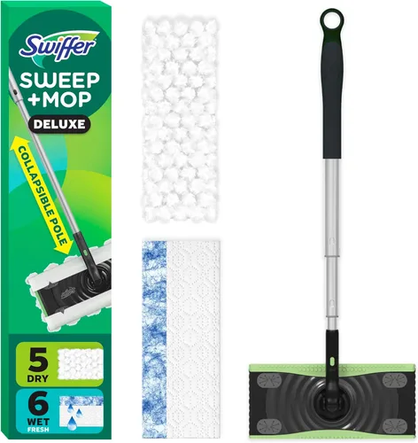 Swiffer Sweep & Mop Deluxe 2 en 1 kit de limpieza de pisos con barrido y trapeado, kit multi-superficie para limpieza de pisos, incluye 1 Barrido y