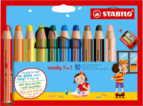 STABILO Lápiz multifuncional Woody 3 en 1 - Paquete de 10 - Colores surtidos con sacapuntas