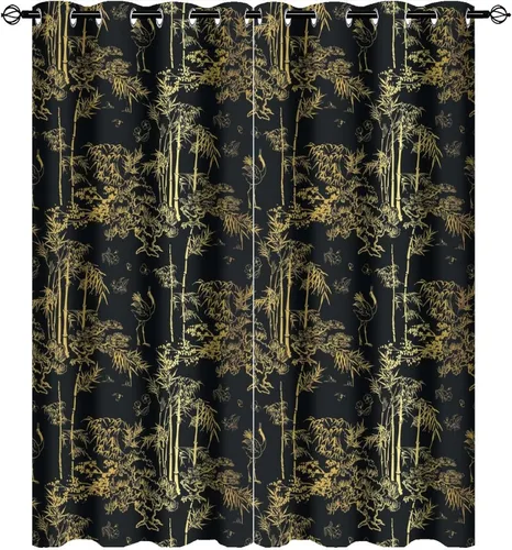Cortinas abstractas y modernas de grúa japonesa, color negro y dorado, con estampado de bambú, con aislamiento térmico, ojales en la parte superior,