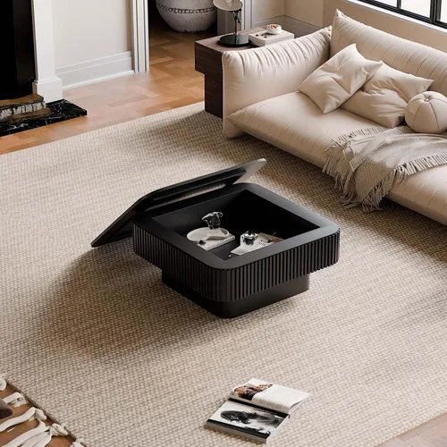 Miniatura 2 de Mesa de café cuadrada pequeña con almacenamiento, mesa de café moderna de madera con chapa de madera maciza, mesa central estriada