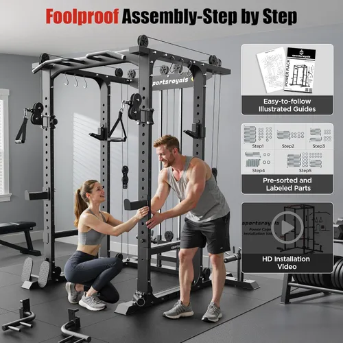 Miniatura 7 de Sportsroyals Jaula de Potencia, Rack de Potencia Multifuncional de 1600 libras con Sistema de Cruce de Cable Ajustable y Más Accesorios de Rojo/negro
