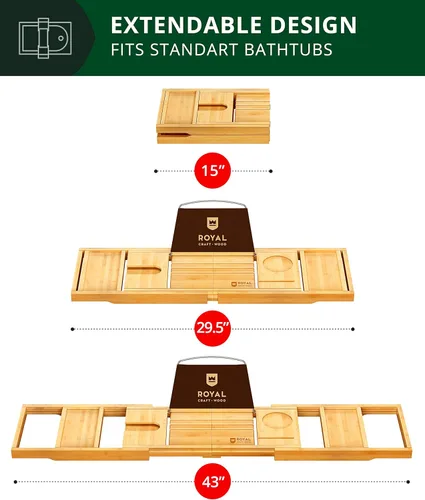 Miniatura 3 de ROYAL CRAFT WOOD Bandeja de Caddy para Bañera de Bambú, Estante de Baño Premium Plegable de Madera, Mesa de Baño de Bañera Extensible y Accesorios
