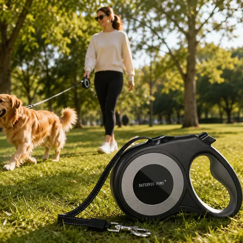 Miniatura 2 de Correa retráctil para perro, cinta de nailon fuerte de 16 pies, puntada reflectante para caminar por la noche, freno con una sola mano, mango Negro