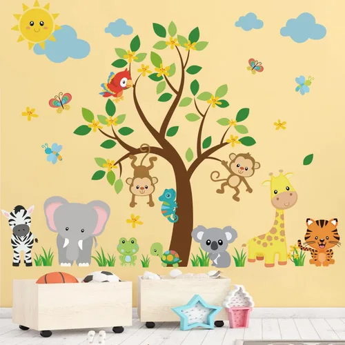 Supzone Calcomanías de pared de animales de selva, diseño de mono, árbol, elefante, jirafa, tigre, calcomanía de pared para niños, niñas, niños,