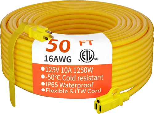 HUANCHAIN Cable de extensión para interiores y exteriores, 50 pies, impermeable, calibre 16/3, flexible, resistente, cable de extensión para Amarillo