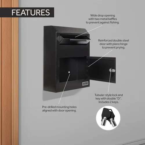 Miniatura 3 de Durabox Caja Fuerte de Depósito con Buzón 12 x 4 x 15 pulgadas de Acero Resistente para Montaje en Pared para Correo, Cartas, Cheques, Llaves, Negro