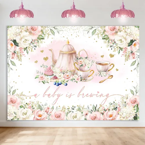 Avezano Fondo de fiesta de té con texto en inglés "A Baby is Brewing", decoración de fiesta de té para niñas, decoración de fiesta de baby shower,