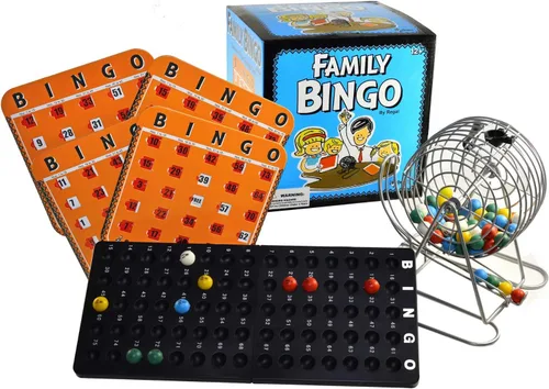 Regal Bingo - Juego familiar para adultos y niños, incluye jaula de rueda de bingo de 8 pulgadas, 75 bolas, tablero maestro, 4 tarjetas deslizantes