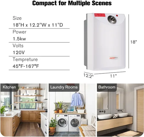 Miniatura 7 de Thermoflow Calentador de agua eléctrico con mini tanque, 4.0 galones, 120 V, con cable, para debajo del fregadero, pequeño calentador de agua