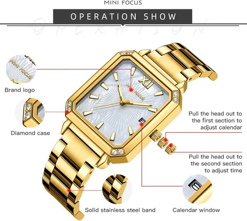 Miniatura 5 de Mini Focus - Reloj de pulsera elegante para mujer (caja de diamantes, esfera de madre de peramanecilla luminosacalendario) reloj de acero inoxidable