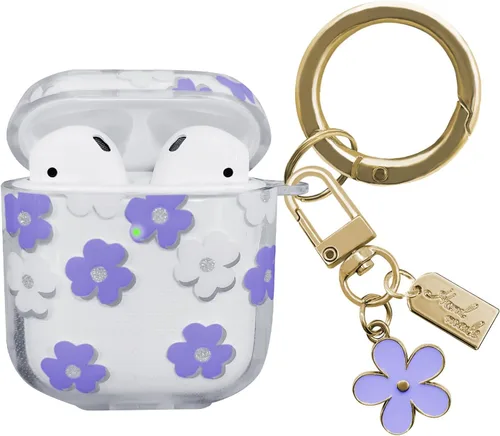 Miniatura 12 de Funda compatible con AirPods, funda de TPU suave con bonito patrón de flores para AirPods de 2 y 1 generación con llavero colgante y mosquetón