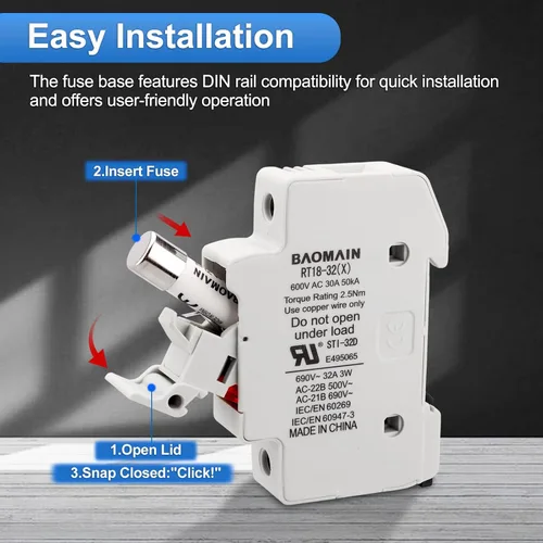 Miniatura 6 de Baomain Base portafusibles RT18-32 con fusibles de cerámica de 10x1A (0.394x1.496 in) - Montaje en riel DIN de 1 polo, indicador LED, certificado CE