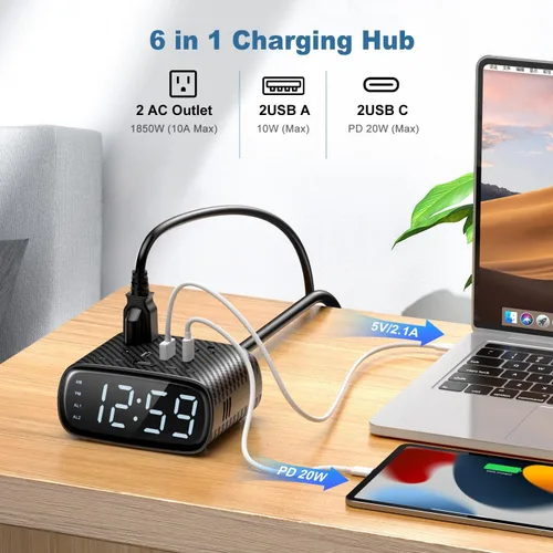 Miniatura 3 de Sussex Reloj despertador con 2 USB-C, 2 cargadores USB-A, 2 tomas de corriente, 2 tomacorrientes, pantalla LED, reloj digital regulable con función