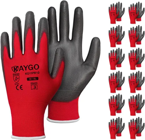 Miniatura 42 de KAYGO KG11PB - Guantes de seguridad con revestimiento delgado de poliuretano, tejido sin costuras, agarre suave en palma y dedos, para trabajo Verde
