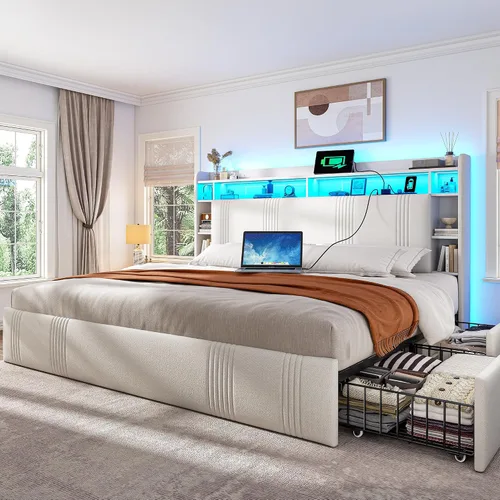Miniatura 13 de EnHomee Base de cama de tamaño matrimonial con cabecera tapizada con estante, 4 cajones grandes, luces LED, estación de carga, plataforma resistente
