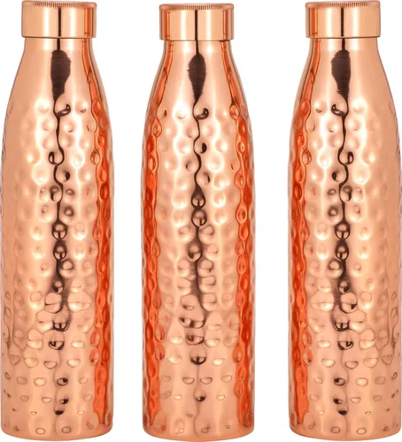 Miniatura 5 de Juego de botellas de agua de cobre puro (paquete de 3, 34 onzas/33.8 fl oz), botellas de cobre con diseño martillado, apoya el bienestar ayurvédico
