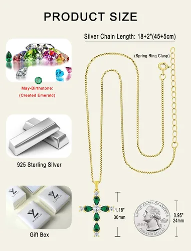 Miniatura 37 de YL Collar de cruz de plata de ley 925 con colgante de piedra natal religiosa para mujer