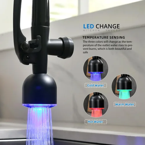 Miniatura 2 de Fapully - Grifo de fregadero de cocina comercial de una manija con rociador extraíble negro y oro rosa con luz LED
