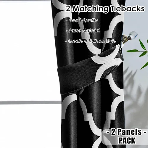 Miniatura 7 de Melodieux Cortinas opacas con ojales para oscurecer la habitación con estampado marroquí para ventanas pequeñas, 42 x 45 pulgadas, color negro