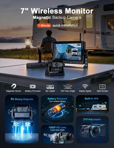 Miniatura 2 de EWAY Cámara de respaldo magnética inalámbrica WiFi de 7 pulgadas, monitor IPS HD 1080P, batería recargable sin cableado, cámara de enganche