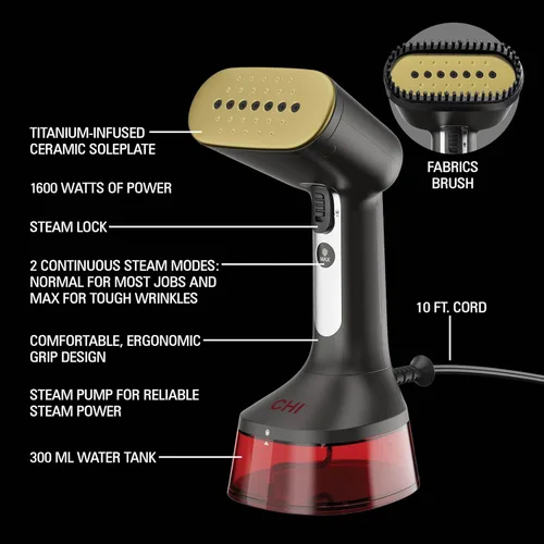 Miniatura 7 de CHI Vaporizador de mano para ropa, cepillo de tela, tanque de agua grande de 10.1 fl oz, 2 modos de vapor, mango ergonómico, vaporizador portátil