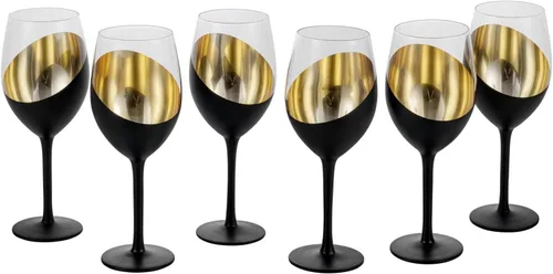 MyGift Copas de vino modernas inclinadas de 14 onzas con tallo negro mate y dorado, diseño elegante en ángulo con copas de cristal de acento Latón