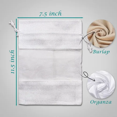 Miniatura 3 de Paquete de 12 bolsas de regalo extragrandes de lino, arpillera y organza con cordones (7.5x11.5 pulgadas, blanco) - Bolsas de malla para recuerdos
