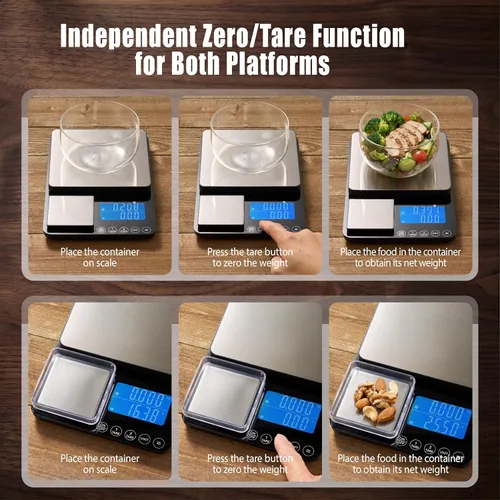 Miniatura 6 de Báscula de cocina de doble plataforma, báscula digital de alimentos con pantalla doble, dos básculas en una para pesada y precisa, 33 lb/0.01