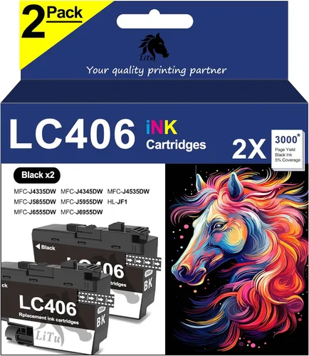 Paquete de 2 cartuchos de tinta compatibles LC406 para impresora Brother, color negro, LC406BK LC406BKS para Brother MFC-J4335DW MFC-J4345DW