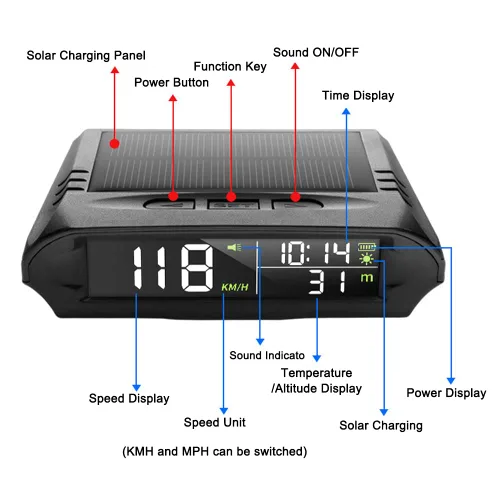 Miniatura 9 de Velocímetro solar digital para coche con pantalla LCD, visualización de cabeza arriba, alarma de exceso de velocidad, pantalla de KMH/MPH