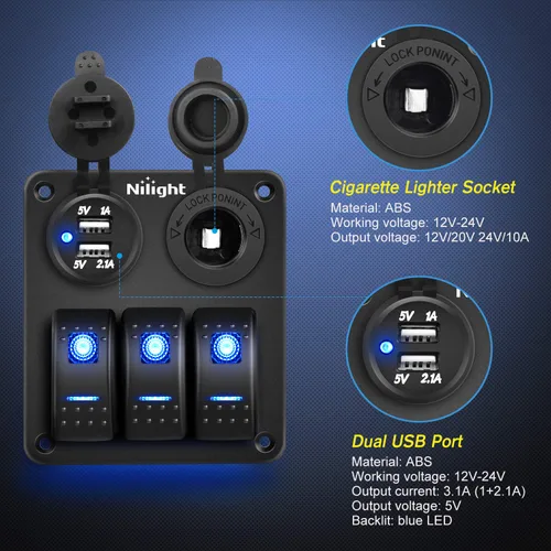 Miniatura 3 de Nilight - Panel de interruptor basculante de 3 bandas 90115C Panel de interruptores de aluminio precableado impermeable con enchufe de cargador USB