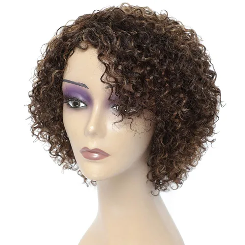 Miniatura 13 de Pelucas de cabello humano rizado brasileño de 10 pulgadas para mujeres negras, peluca corta sin pegamento con color natural, 100% cabello humano