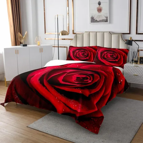Miniatura 3 de Juego de colcha de rosas tamaño Queen, romántico juego de edredón floral de rosas rojas para niñas y mujeres, ropa de cama de rosa 3D con gota