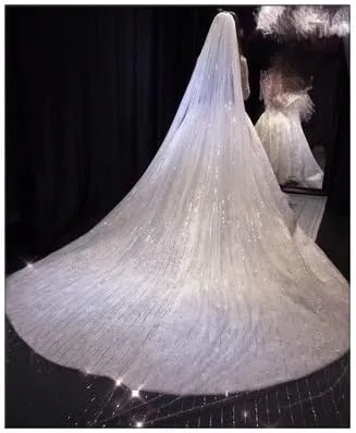 Miniatura 2 de Accesorio de boda de 115ft de borde completo con lentejuelas brillantes de una capa de velo de novia largo con peine blanco marfil color marfil