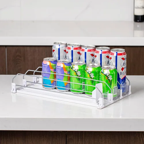 Miniatura 5 de Rula Organizador de bebidas para refrigerador, ancho ajustable, empujador de botellas de agua, dispensador de latas de soda autoempujable