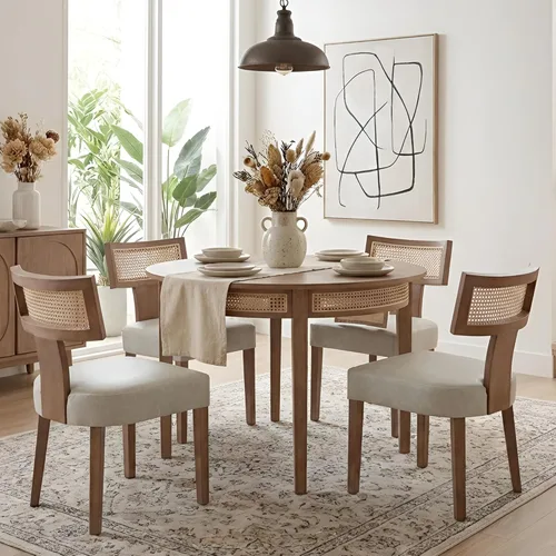 Miniatura 25 de HNY Juego de 6 sillas de comedor de ratán de estilo de mediados de siglo, silla de acento tapizada en lino de estilo granja con respaldo curvo