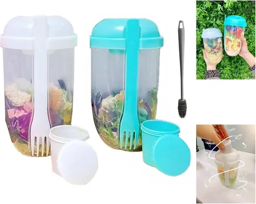 Miniatura 19 de Vaso coctelero de ensalada Keep Fit 2022 con tenedor y soporte para aderezo, cepillo de lavado fresco, recipiente de salud, desayuno portátil