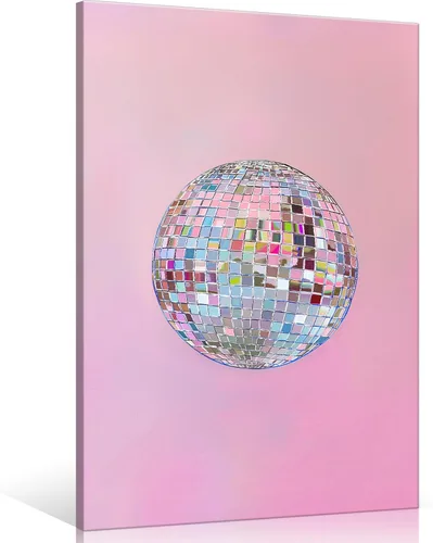 Miniatura 16 de Arte de Pared en Lienzo de Bola de Discoteca Rosa Suave de Moda, Póster con Textura de Bola de Espejo Plateada Funky para Chica, Impresión